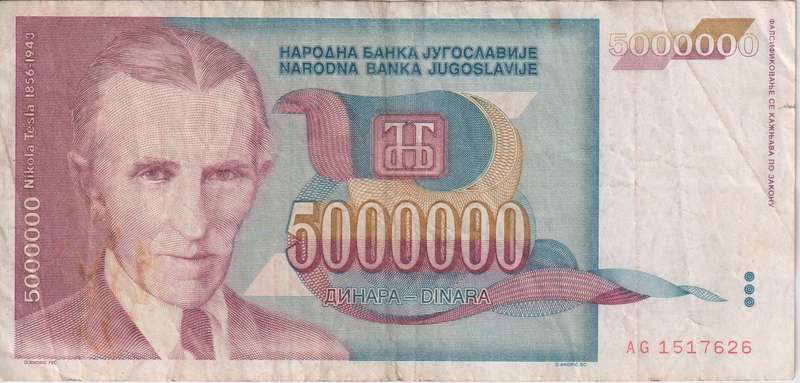 HYPER INFLATION BANKNOTE- YUGOSLAVIA 5 000 000 (5 MILLION) Dinara  1993 P122 VF (NIKOLA TESLA)