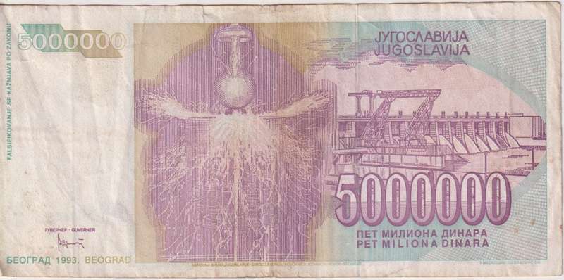 HYPER INFLATION BANKNOTE- YUGOSLAVIA 5 000 000 (5 MILLION) Dinara  1993 P122 VF (NIKOLA TESLA)