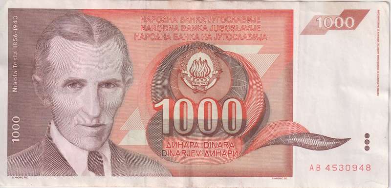 YUGOSLAVIA 1000 DINARA 1990 P107 XF - NICOLA TESLA