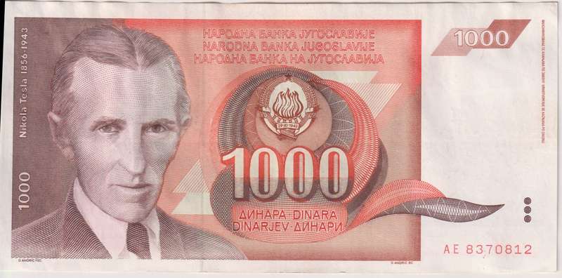 YUGOSLAVIA 1000 DINARA 1990 P107 XF - NICOLA TESLA