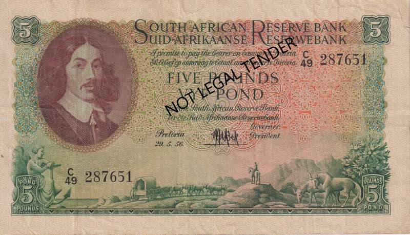 UNION OF SOUTH AFRICA - 5 POND M.H. de Kock C/49 29/05/1956 #189 F
