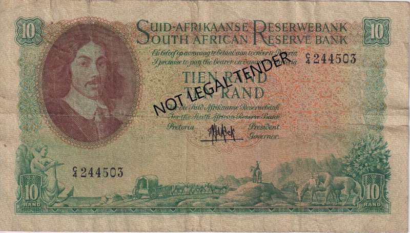 REPUBLIC OF SOUTH AFRICA - 10 RAND M.H. de Kock C/4  1961  A/E 494 F