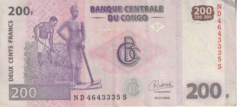 Congo Democratic Republic 200 Francs Banknote, 2022  P-99 VF