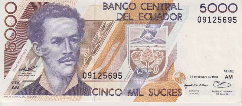 ECUADOR 5000 SUCRES 1996 P128 SERIES AM A-UNC