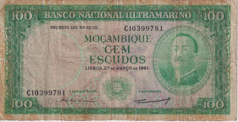 Mozambique 100 Escudos 1961 P119 VF (WITHOUT OVERPRINT)