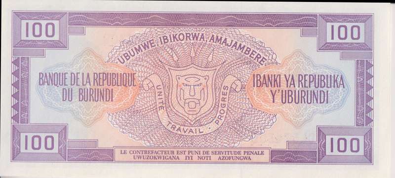 BURUNDI 100 FRANCS 1990 P29  UNC
