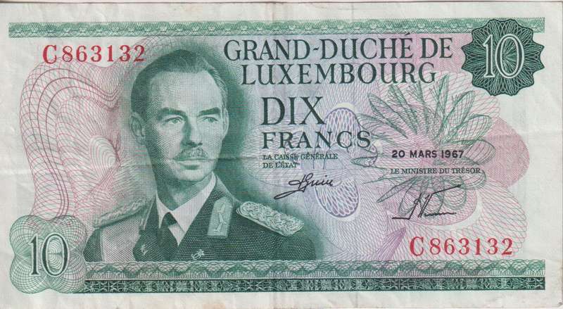 LUXEMBOURG 10 FRANCS 1967 P53  VF