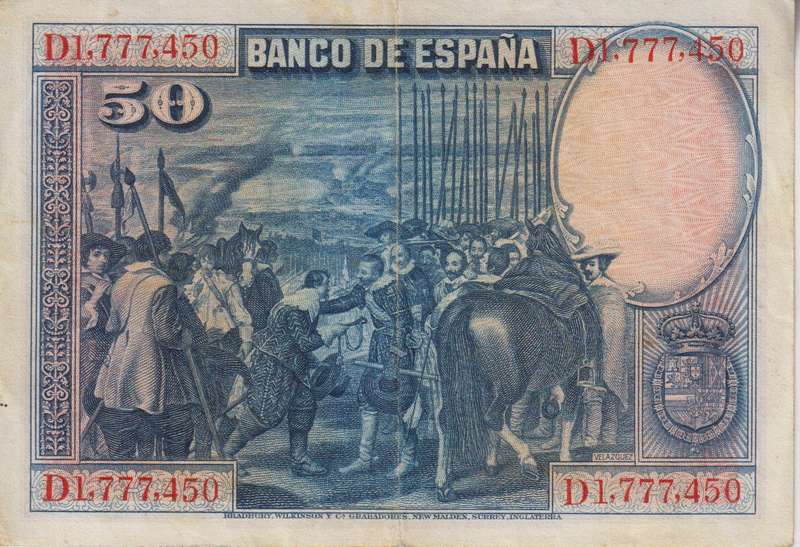 SPAIN 50 PESETAS 1928 P-75a VF