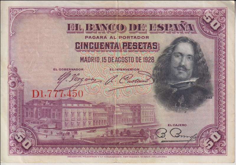 SPAIN 50 PESETAS 1928 P-75a VF
