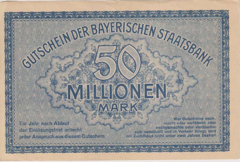 FEDERAL STATE OF GERMANY 50 000 000 Mark Bayerische Staatsbank 1923 N#270440 A-UNC