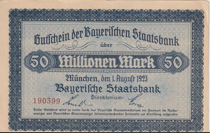 FEDERAL STATE OF GERMANY 50 000 000 Mark Bayerische Staatsbank 1923 N#270440 A-UNC