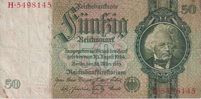 GERMANY REICHSBANKNOTE 50 Mark 1933 P182 VF