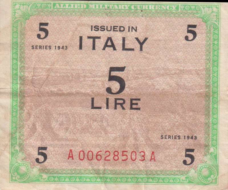 ITALY 5 LIRE 1943 PM#12 VF (ALLIED MILITARY WW2)