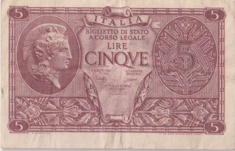 Italy 5 Lire, 1944 P31 VF