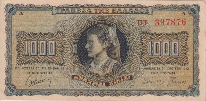 GREECE 1,000 DRACHMAI 1942 P118 XF