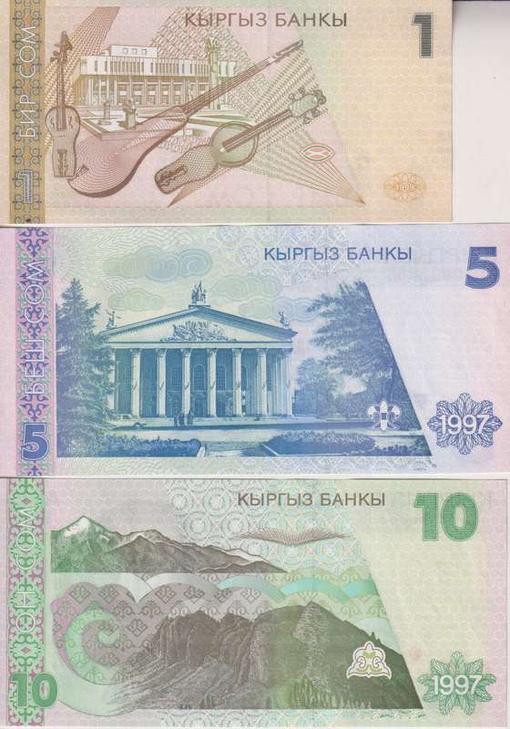 Kyrgyzstan 3 PCS Set: 1 to 10 Som (1997-1999) - p-13, p-14, p-15 UNC