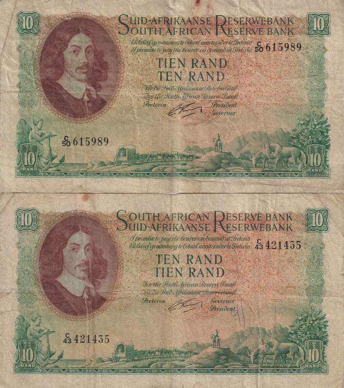 2 X REPUBLIC OF SOUTH AFRICA - 10 RAND G.Rissik  1962 AFR/ENG & ENG/AFR  F