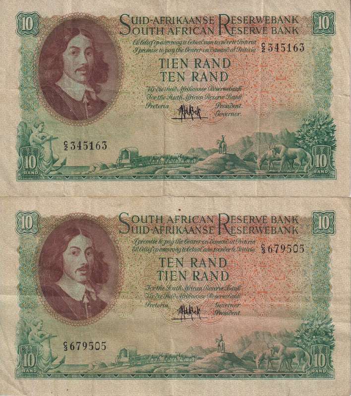 2 X REPUBLIC OF SOUTH AFRICA - 10 RAND G.Rissik  1962 AFR/ENG & ENG/AFR  F
