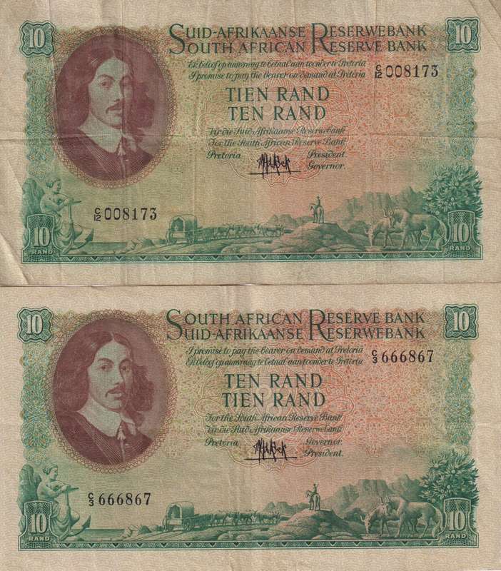 2 X REPUBLIC OF SOUTH AFRICA - 10 RAND M.H.DE KOCK  1961 AFR/ENG & ENG/AFR  VF