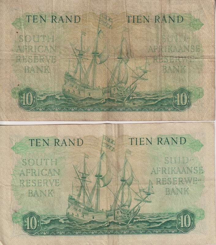 2 X REPUBLIC OF SOUTH AFRICA - 10 RAND M.H.DE KOCK  1961 AFR/ENG & ENG/AFR  VF