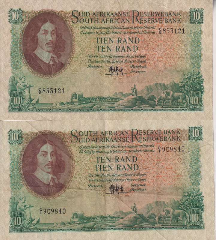 2 X REPUBLIC OF SOUTH AFRICA - 10 RAND M.H.DE KOCK  1961 AFR/ENG & ENG/AFR  VF
