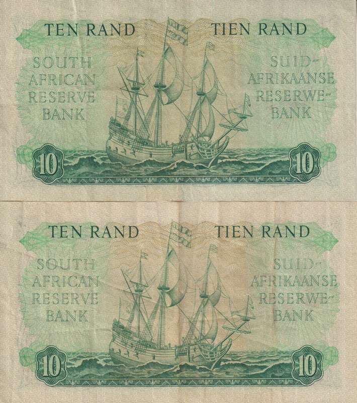 2 X REPUBLIC OF SOUTH AFRICA - 10 RAND M.H.DE KOCK  1961 AFR/ENG & ENG/AFR  VF