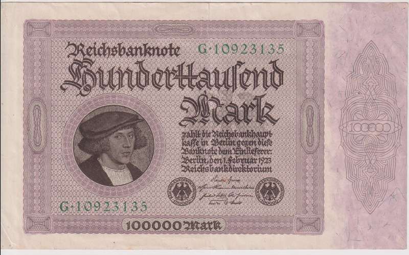 GERMANY 100,000 MARK REICHSBANKNOTE 1923 P83 XF