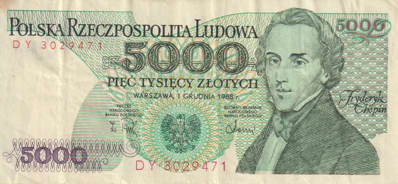 POLAND 5000 ZLOTYCH 1988 P150 VF