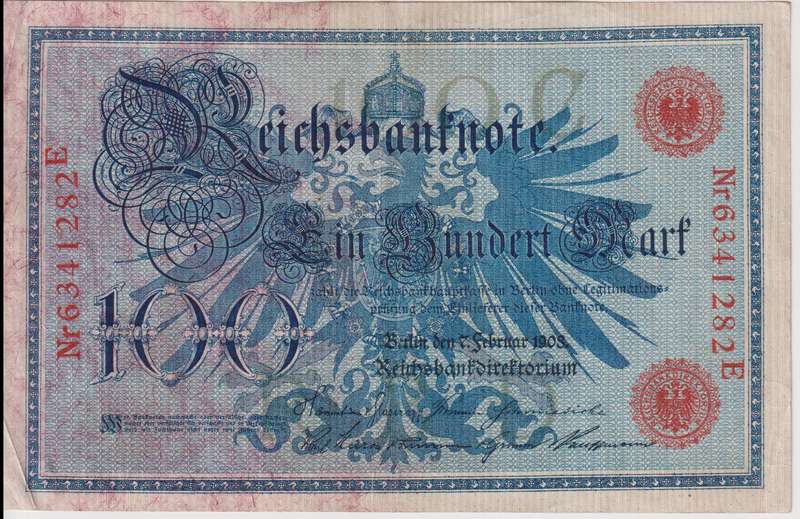 GERMANY 100 MARK REICHSBANKNOTE 1908 P34 VF