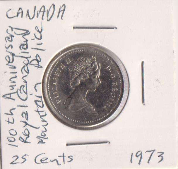 CANADA 25 CENTS 1973 -100TH ANNIVERSARY OF ROYAL CANADIAN MOUNTAIN POLICE - IN COIN FLIP