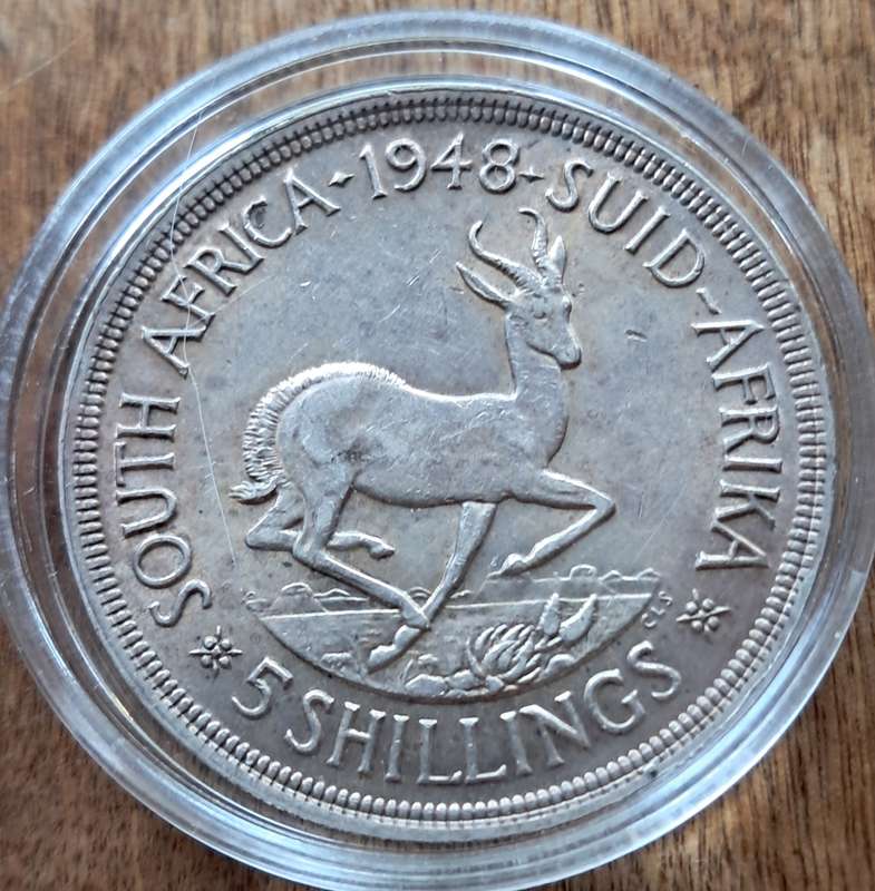UNION OF SOUTH AFRICA - 1948  5 SHILLINGS - SILVER 0.800 - GEORGE VI - IN CAPSULE
