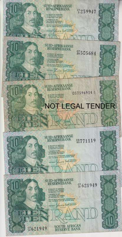 SOUTH AFRICA - 5 X Gerhard de Kock TEN RAND NOTES - USED