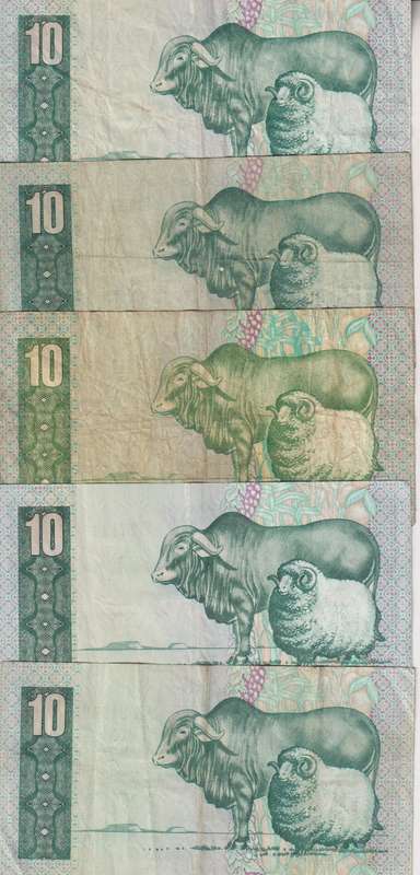SOUTH AFRICA - 5 X Gerhard de Kock TEN RAND NOTES - USED