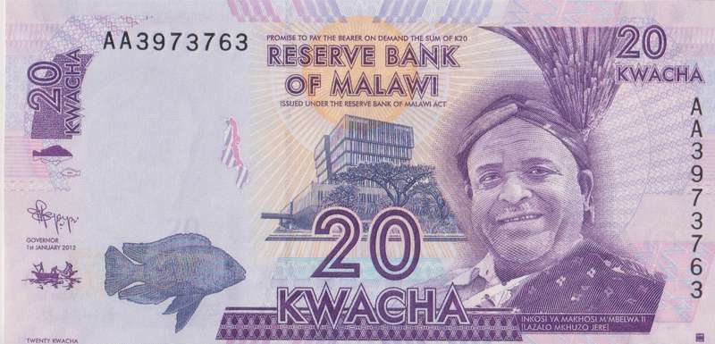 MALAWI 20 KWACHA 2012 P57 UNC - SERIAL AA