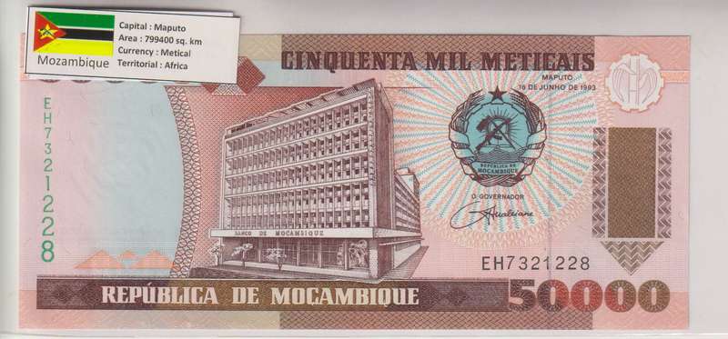 Mozambique 50000 Meticais 1993 P 138 UNC with country information sticker