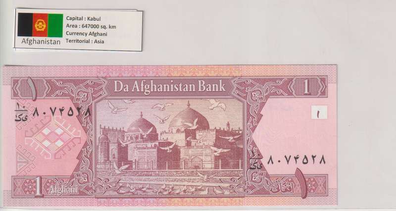 Afghanistan 1 Afghanis Banknote, 2002, P-64 UNC with country information sticker