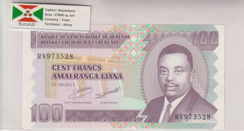 BURUNDI 100 Francs 2011 P44 UNC with country information sticker