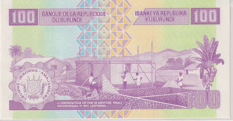 BURUNDI 100 Francs 2011 P44 UNC with country information sticker