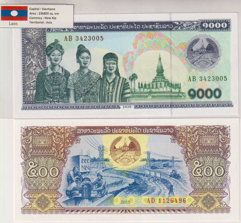 LAOS  500, 1000 KIP 2015, 2020  UNC with country information sticker