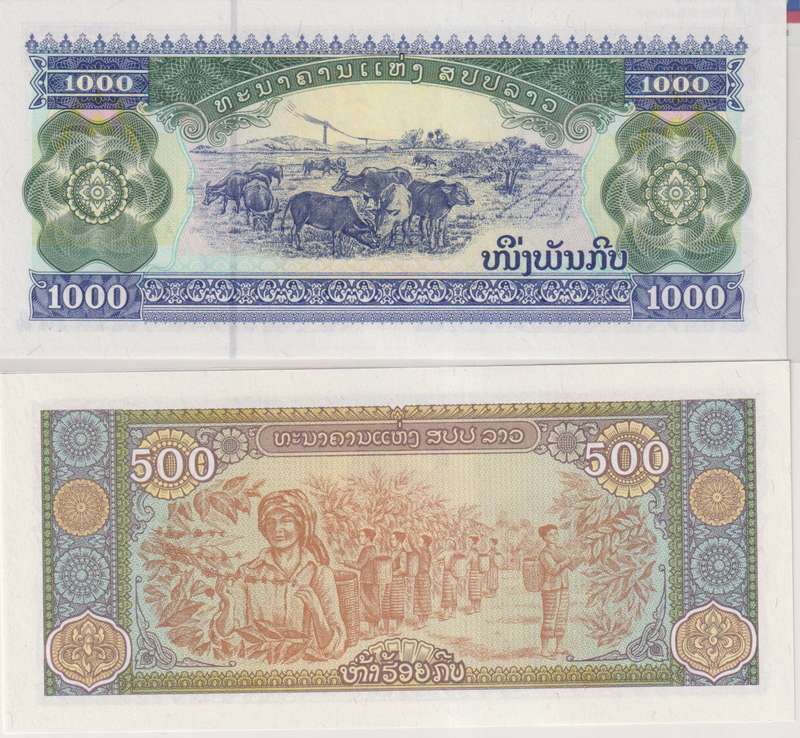 LAOS  500, 1000 KIP 2015, 2020  UNC with country information sticker