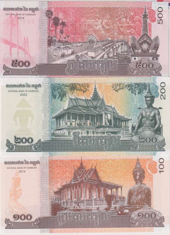 Cambodia 100,200,500 Riels (2014, 2022) - p65, p66, p63 UNC with country information sticker