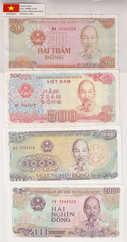 VIETNAM 200, 500, 1000, 2000 DONG UNC with country information sticker