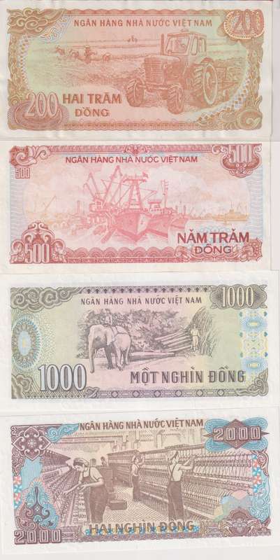 VIETNAM 200, 500, 1000, 2000 DONG UNC with country information sticker