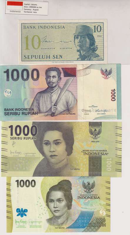INDONESIA 10, 1000,1000,1000 1964,2011, 2022 P92,P141,P154,P162 UNC with country information sticker