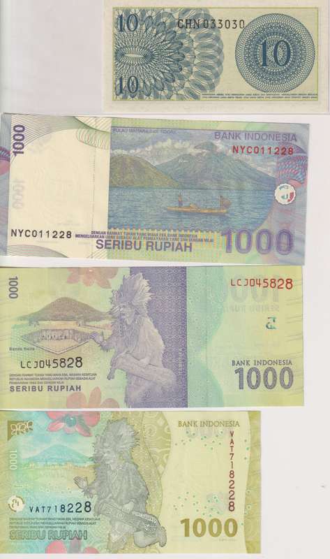 INDONESIA 10, 1000,1000,1000 1964,2011, 2022 P92,P141,P154,P162 UNC with country information sticker