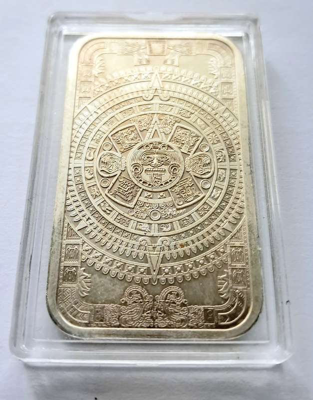 1 OZ  SILVER BAR - 1 oz AZTEC CALENDER COIN  (IN SQUARE HOLDER)