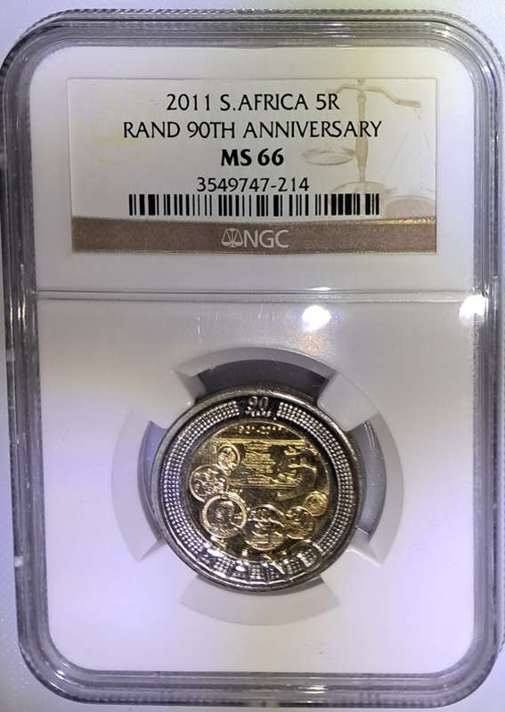SOUTH AFRICA - 2011 5 RAND 90TH ANNIVERSARY NGC SLABBED MS66