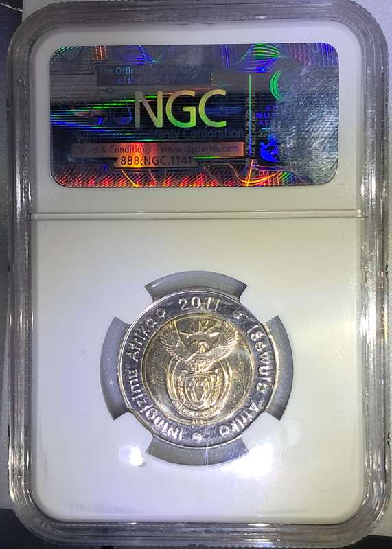 SOUTH AFRICA - 2011 5 RAND 90TH ANNIVERSARY NGC SLABBED MS66