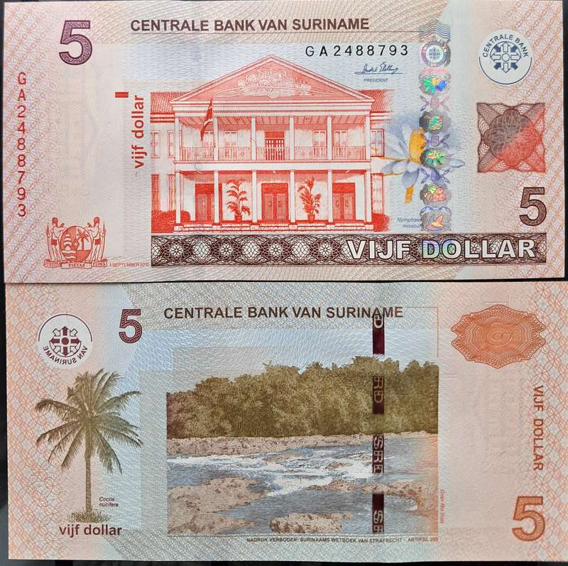 Suriname 5 Dollars 2010 P-162 UNC