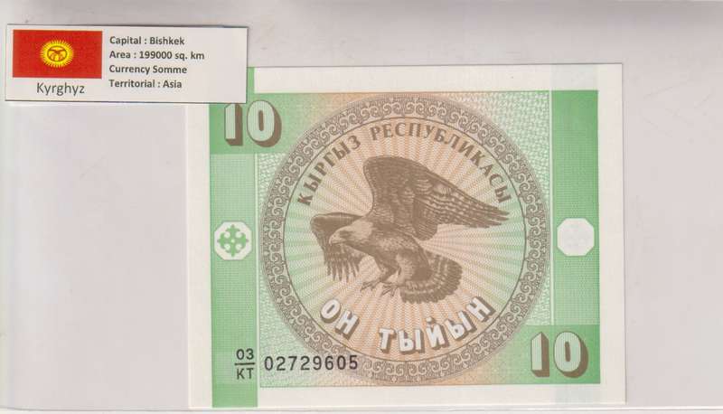 Kyrgyzstan 10 Tyiyn P2 1993 UNC with country information sticker